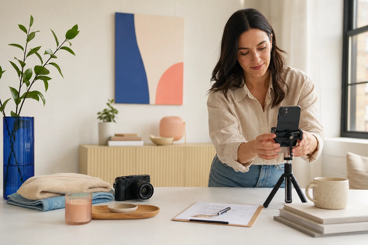 A content creator preparing a phone, camera, wardrobe layers, and shot list in a bright home studio