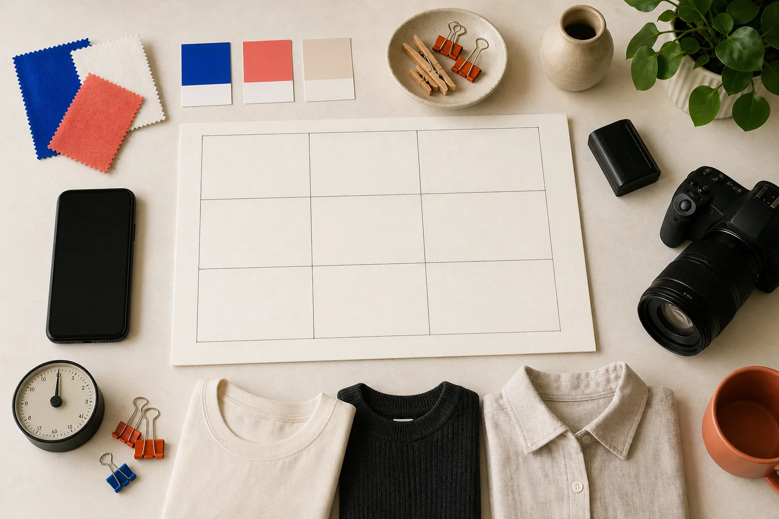 An overhead content shoot planning board with a blank nine-cell grid, wardrobe layers, camera, phone, timer, and colour swatches